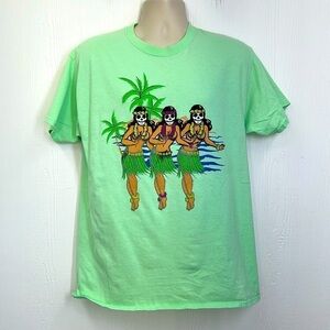 Spencer’s - Neon Green Skull Hula Girl Colorful Graphic Short Sleeve T Shirt L